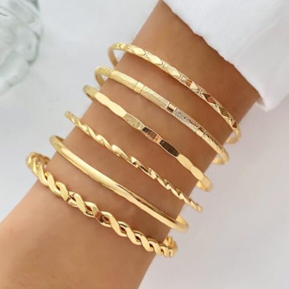 Gold Plated Bangle Bracelet Set Stackable Cuff Minimalist Boho Jewelry - Picture 5 of 8